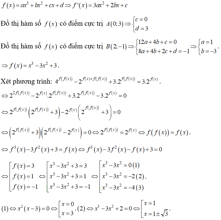 Cho đồ thị hàm số f(x) = ax^3 +bx^2  +cx + d có hai điểm cực trị là A(0;3) và B(2;-1) (ảnh 1)