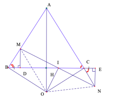 Cho tam giác ABC cân tại A. Trên cạnh BC lấy điểm D, trên tia đối của tia CB lấy điểm E sao cho BD = CE. Các đường thẳng vuông góc với BC kẻ từ D và E cắt AB, AC lần lượt ở M, N. (ảnh 1)