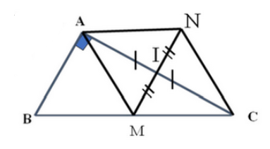 Cho tam giác ABC vuông tại A có AB = 6cm, AC = 8cm. Điểm M nằm giữa B và C, gọi I là trung điểm của AC, lấy điểm N đối xứng M qua I. (ảnh 1)