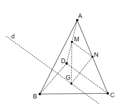 Cho tứ diện ABCD. Gọi M và N theo thứ tự là trung điểm của AD và AC, G là trọng tâm tam giác BCD (ảnh 1)
