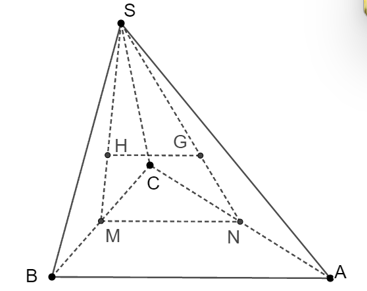 Cho hình chóp S.ABC; gọi G, H là trọng tâm tam giác SAC và SBC. Gọi M là trung điểm của BC. Đường thẳng song song với (ABC) là . (ảnh 1)