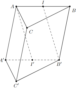 Cho một hình lăng trụ A′B′C′. ABC có các điểm I, I′ lần lượt là trung điểm của AB, A′B′. Thực hiện phép chiếu song song lên mặt phẳng chiếu (A′B′C′), (ảnh 1)
