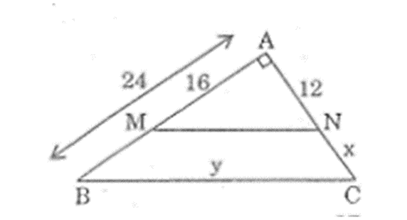Hình vẽ cho biết tam giác ABC vuông tại A, MN // BC, AB = 24cm, AM = 16cm, AN = 12cm. Tính độ dài x, y của các đoạn thẳng NC, BC. (ảnh 1)