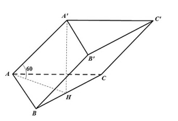 Cho hình lăng trụ tam giác ABC.A'B'C' có cạnh bên bằng a. Các cạnh bên của lăng trụ tạo với mặt đáy góc 60° (ảnh 1)