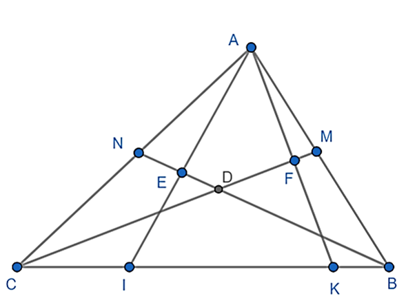 Cho tam giác ABC( AB < AC ) có hai đường phân giác CM, BN cắt nhau ở D. Qua A kẻ AE và AF vuông góc với BN và CM.  (ảnh 1)