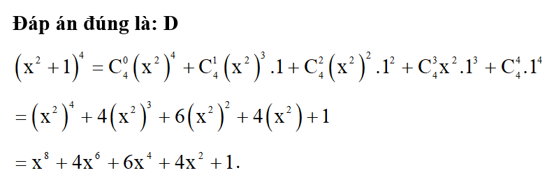 Khai triển đa thức (x^2 + 1)^4.  A. x^8 + 2x^6 + 4x^4 + 6x^2 + 1; (ảnh 1)