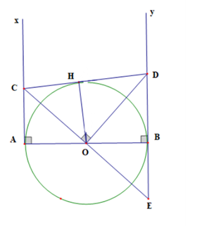 Cho đoạn thẳng AB và hai tia Ax, By vuông góc với AB ở trên cùng một nửa mặt phẳng bờ AB. Gọi O là trung điểm của AB.  (ảnh 1)