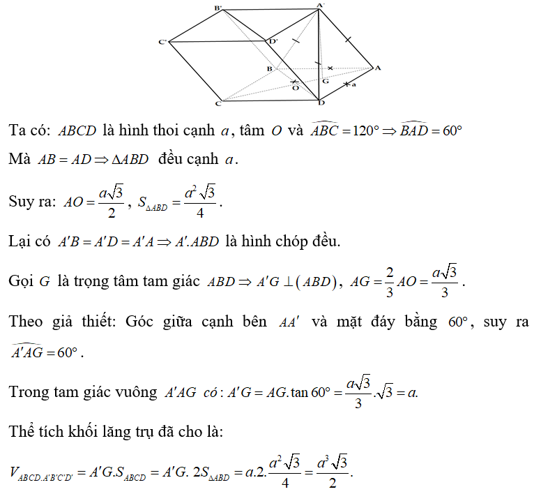 Cho lăng trụ ABCD.A'B'C'D' có đáy ABCD là hình thoi cạnh a, tâm O và (ảnh 1)