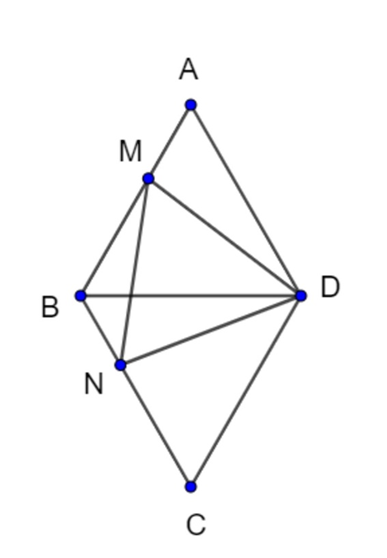Cho hình thoi ABCD có góc a = 60 độ . Trên AB, AC lấy điểm M, N sao cho BM = CN. Chứng minh rằng MDN là tam giác đều. (ảnh 1)