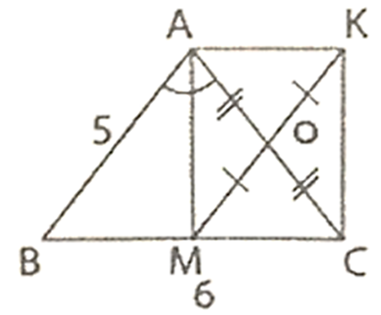 Cho ΔABC cân tại A có AB = 5cm; BC = 6cm. Kẻ phân giác trong AM (M ∈ BC). Gọi O là trung điểm của AC và K là điểm đối xứng của M qua O. (ảnh 1)