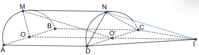 Cho nửa hình trụ có các đáy là nửa đường tròn tâm O, đường kính AB; nửa đường tròn tâm O¢, đường kính CD. M Î (O) (ảnh 1)