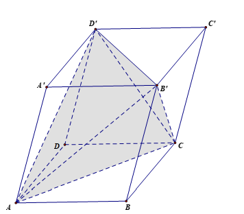 Cho hình hộp ABCD.A'B'C'D' có thể tích bằng 12cm3. Tính thể tích V của khối tứ diện AB'CD'. (ảnh 1)