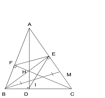 Cho tam giác ABC nhọn (AB <AC) có hai đường cao BE, CF cắt nhau tại H. (ảnh 1)
