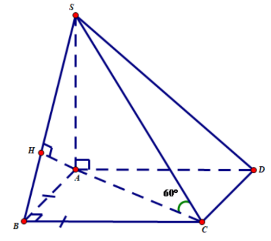 Cho hình chóp S.ABCD có đáy là hình vuông, SA vuông góc với mặt phẳng đáy. Biết góc giữa SC và mặt phẳng đáy bằng 60 độ (ảnh 1)