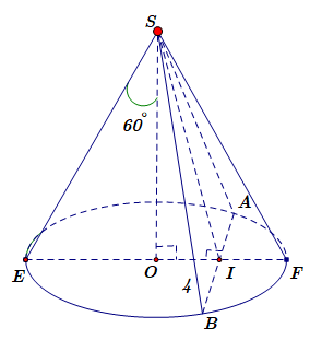 Cho khối nón (N) có đỉnh S, tâm đường tròn đáy là O, góc ở đỉnh bằng 120 độ. Một mặt phẳng (P) đi qua S,  (ảnh 1)