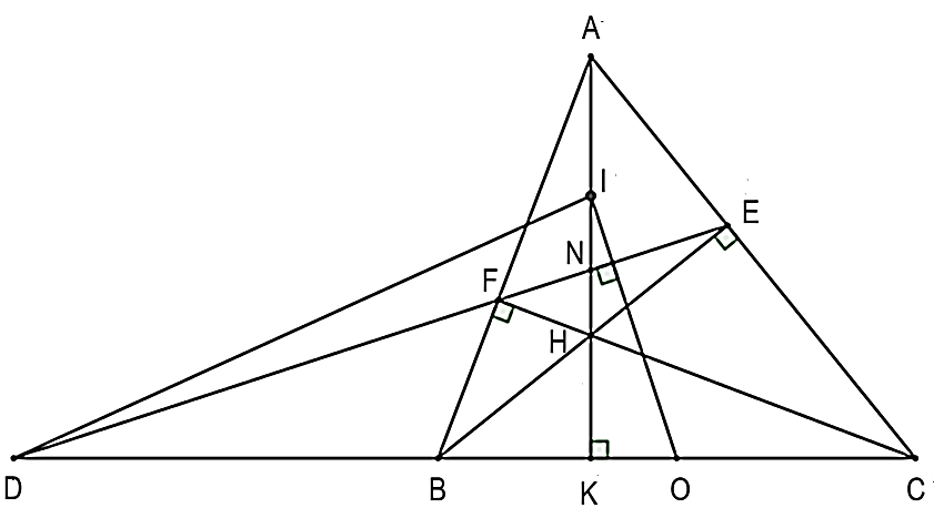 c) Gọi N là giao điểm của AK và EF, D là giao điểm của đường thẳng BC và đường thẳng EF và O, I lần lượt là trung điểm của BC và  AH.   (ảnh 1)