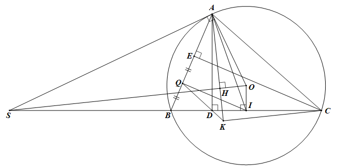 Cho tam giác ABC có ba góc nhọn (AB < AC) nội tiếp đường tròn (O). Tiếp tuyến tại điểm A của đường tròn (O) cắt đường thẳng BC (ảnh 1)