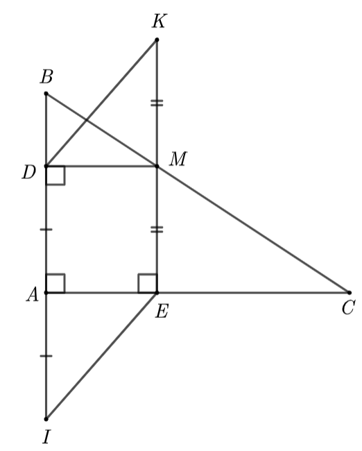 Cho tam giác ABC vuông tại A. Gọi M là một điểm bất kì trên cạnh huyền BC. Gọi D và E lần lượt là chân đường vuông góc kẻ từ M xuống AB và AC (ảnh 1)