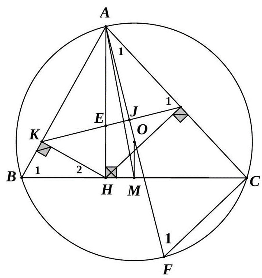 Cho tam giác ABC nhọn, nội tiếp đường tròn (O;R) . Kẻ AH vuông góc với BC tại H, HK vuông góc với AB tại K và HI vuông góc với AC tại I. (ảnh 1)