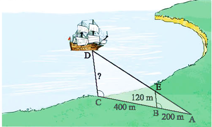 Với số liệu được ghi trên hình vẽ bên dưới. Tính khoảng cách CD từ con tàu đến trạm quan trắc đặt tại điểm C. (ảnh 1)