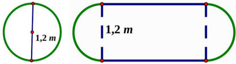 Một chiếc bàn hình tròn được ghép bởi hai nửa hình tròn đường kính 1,2m. Người ta muốn nới rộng mặt bàn bằng cách ghép thêm vào giữa một  (ảnh 1)