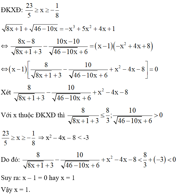 Giải phương trình căn 8x +1 + căn 46 -10x = -x^3 +5x^2 +4x +1. (ảnh 1)