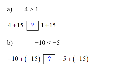 Thay mỗi ? sau bằng dấu thích hợp (>, <): a) 	4 > 1   b) 	      −10 < −5   (ảnh 1)