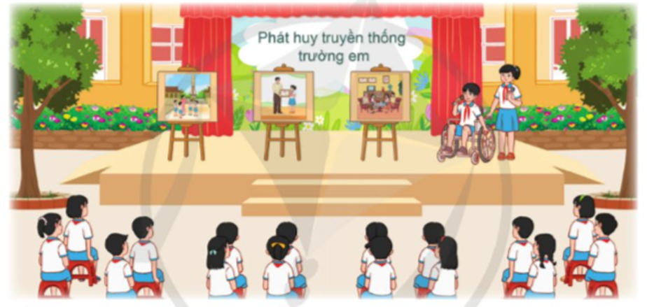 Tổ chức sự kiện Phát huy truyền thống trường em.  - Tham gia tổ chức sự kiện Phát huy truyền thống trường em. + Trưng bày tranh ảnh về truyền thống và các hoạt động của trường. (ảnh 1)