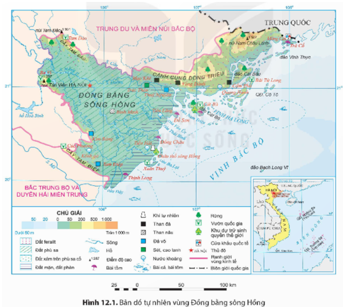 Dựa vào hình 12.1 và thông tin mục 1, hãy trình bày đặc điểm vị trí địa lí và phạm vi lãnh thổ của vùng Đồng bằng sông Hồng. (ảnh 1)