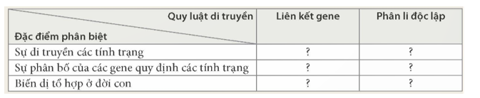 3. Dựa vào kiến thức đã học, phân biệt quy luật di truyền liên kết với quy luật di truyền phân li độc lập bằng cách hoàn thành vào vở theo mẫu Bảng 45.1. (ảnh 1)