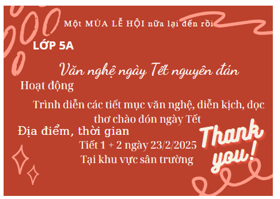 Viết bản quảng cáo về một hoạt động thể thao (hoặc văn nghệ, triển lãm,...) của trường hoặc lớp em để mời mọi người cũng tham gia. (ảnh 1)