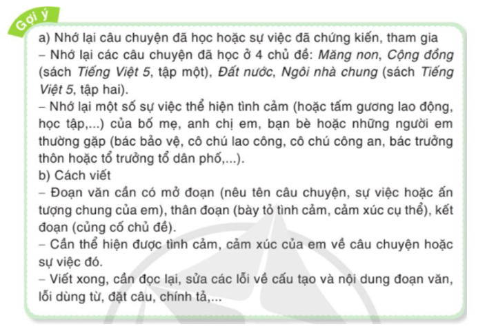 Chọn 1 trong 2 đề sau:  a) Viết đoạn văn nêu cảm nghĩ về một câu chuyện mà em đã học trong sách Tiếng Việt 5. (ảnh 1)
