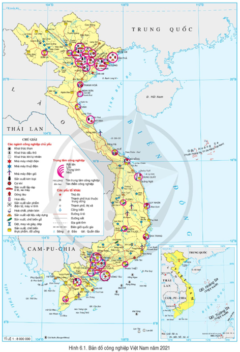 Dựa vào Bản đồ công nghiệp Việt Nam (hình 6.1) và Bản đồ hành chính Việt Nam, hãy:  - Xác định các trung tâm công nghiệp chính (ảnh 1)