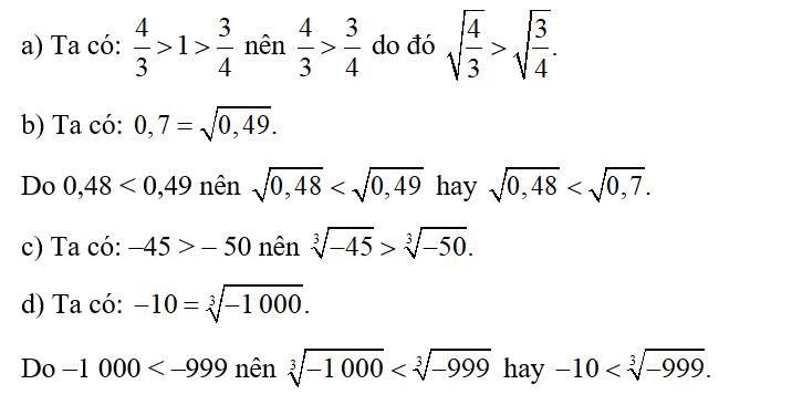 So sánh:  a) căn bậc hai 4/3   và căn bậc hai 3/4   b)  căn bậc hai 0,48 và 0,7; (ảnh 1)