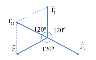 Cho ba lực đồng quy cùng nằm trên một mặt phẳng, có độ lớn F1 = F2 = F3 = 30 N và từng đôi một hợp với nhau thành góc 120°. (ảnh 2)