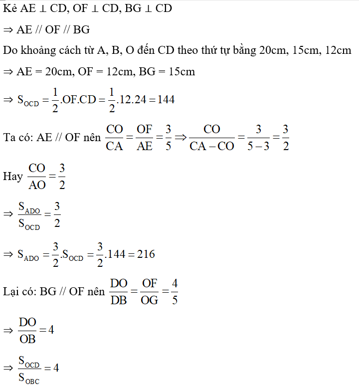 Cho tứ giác ABCD có CD = 24cm. O là giao điểm của hai đường chéo (ảnh 2)