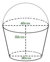Một xô đựng nước có dạng hình nón cụt (có các kích thước như hình). Đáy xô có đường kính là 20cm, miệng xô là đáy lớn của hình nón cụt có đường kính là 30cm và chiều cao của xô là 22cm. (ảnh 1)