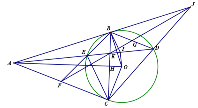 Cho đường tròn (O;R) và điểm A sao cho OA > 2R vẽ hai tiếp tuyến AB, AC của đường tròn (B, C là các tiếp điểm), kẻ dây cung BD song song với AC. Đường thẳng AD cắt (O;R (ảnh 1)