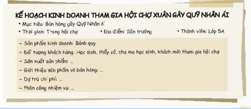 Xây dựng kế hoạch kinh doanh để tham gia Hội chợ Xuân gây Qũy Nhân ái.  - Xác định những nội dung cần có trong kế hoạch kinh doanh. (ảnh 1)