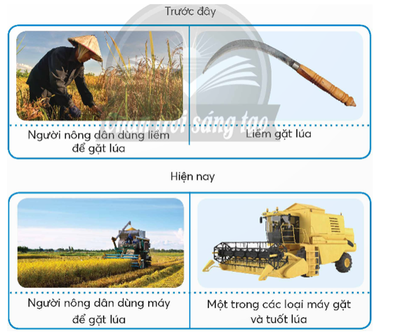 Em hãy quan sát hình và so sánh sự thay đổi, phát triển của công cụ mà người nông dân dùng để gặt lúa trước đây và hiện nay. (ảnh 1)
