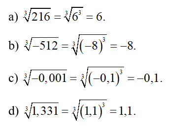 Tính:  a) căn bậc ba 216  b) căn bậc ba -512  c) căn bậc ba -0,001 (ảnh 1)