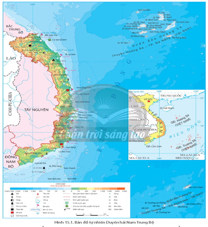 Dựa vào hình 15.1 và thông tin trong bài, hãy phân tích: - Đặc điểm tự nhiên và tài nguyên thiên nhiên của Duyên hải Nam Trung Bộ. (ảnh 1)
