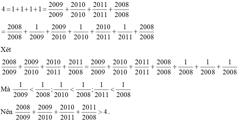 So sánh 2008/ 2009 + 2009/2010 + 2010/2011 + 2011/ 2008  và 4. (ảnh 1)