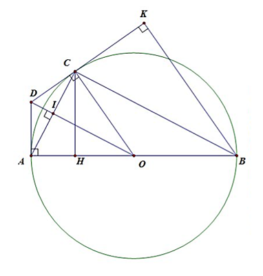 Cho đường tròn (O; R) đường kính AB, lấy điểm C thuộc đường tròn (O), với C không trùng A và B (ảnh 1)