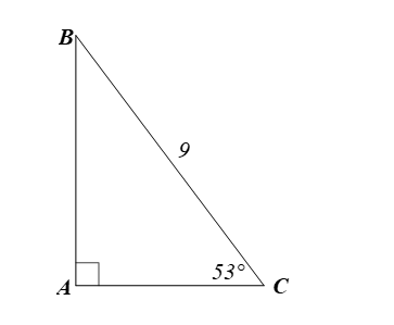 Giải tam giác ABC vuông tại A, biết BC = 9,  góc C = 53 độ (ảnh 1)