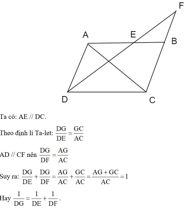 Cho hình bình hành ABCD điểm E thuộc AB, tia DE cắt tia CB tại F. Gọi G là giao điểm DE và AC. Chứng minh rằng (ảnh 1)