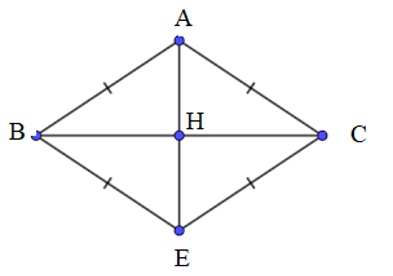 Cho tam giác ABC cân tại A. Gọi E là điểm đối xứng với A qua BC. Chứng minh rằng tứ giác ABEC là hình thoi. (ảnh 1)