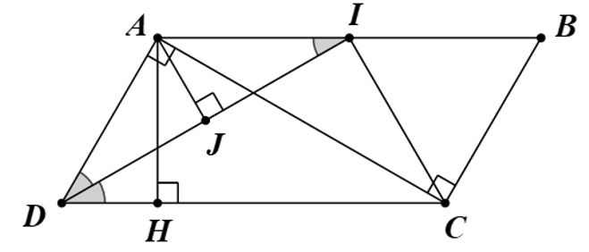 Cho hình bình hành ABCD có góc A = 120 độ. Tia phân giác của góc D qua trung điểm I của AB (ảnh 1)
