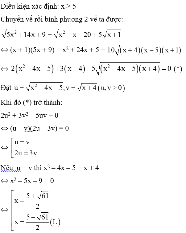 Giải phương trình căn 5x^2 + 14x +9 - căn x^2 -x - 20 = 5 căn x +1 . (ảnh 1)