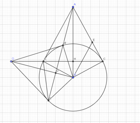 Từ điểm A ở ngoài đường tròn (O; R) vẽ hai tiếp tuyến AB, AC đến (O) (B, C là các tiếp điểm) (ảnh 1)